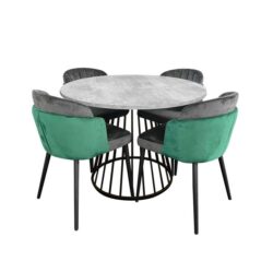 5Pcs Dining Set Matilda Round Faux Cement Dining Table 110cm W/ 4x Royale Dining Chair Velvet Green