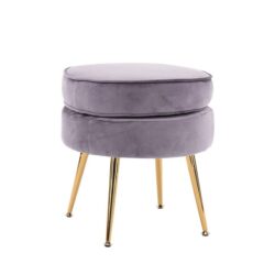 La Bella Grey Round Ottoman Foot Stool Velvet Fabric Metal Leg