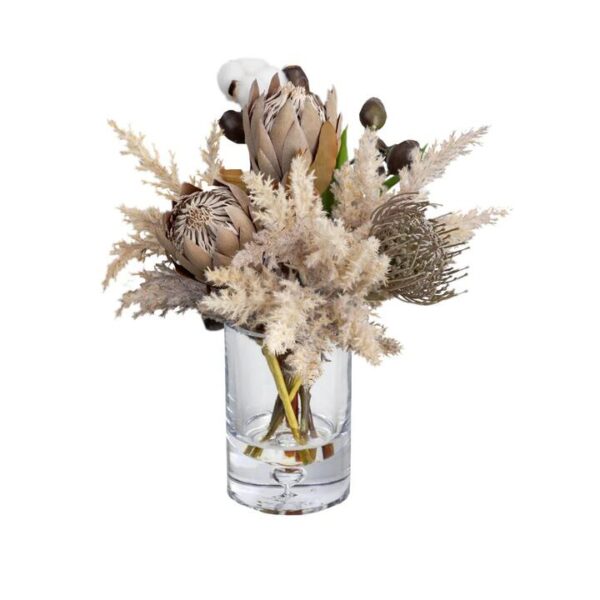 Glamorous Fusion Dried Look Protea Artificial Fake Plant Flower Decorative Arrangement 36cm In Glass