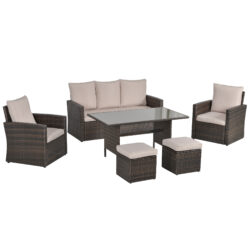 Outsunny 6 PCS Outdoor Patio PE Rattan Wicker Tempered Glass Dining Table Sets for Garden Backyard w/ Cushions & Mixed Brown