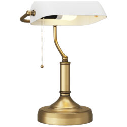 HOMCOM Banker's Desk Lamp with Antique Bronze Tone Base, Table Lamp with White Glass Shade for Home Office, White Aosom UK