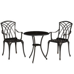 Outsunny 3 Pieces Garden Dining Set for 2, Outdoor Dining Set with 2 Armchairs and Round Dining Table with Parasol Hole, Bronze Tone