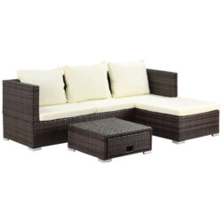 Outsunny 4-Seater Rattan Garden Furniture Storage Sofa Set Wicker Coffee Table Conservatory Sun Lounger Outdoor Weave w/ Cushion, Brown Aosom UK