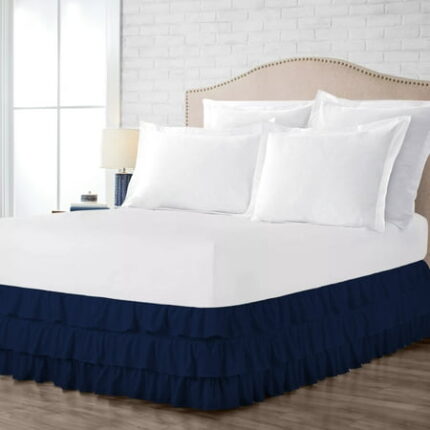 Short Queen Size Tailored Drop Multi Ruffled Solid Bed Skirt with Adjustable Elastic Belt Microfiber Fabric Fade & Wrinkle Resistant Bed Frame Cover Easy to Fit & Care (29 Inch Drop Navy Blue)