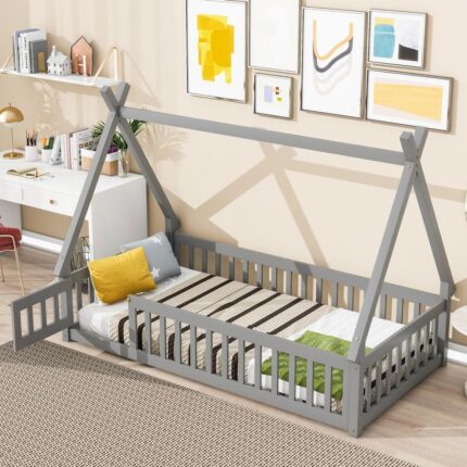 Tent Style Gray Wood Frame Twin Size Platform Bed, Teepee Bed with Fence Bedrails, Door, Slats