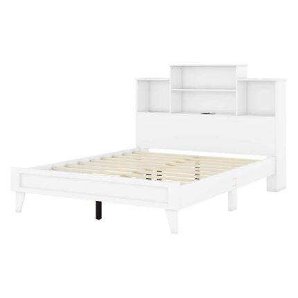 White Wood Frame Queen Size Platform Bed with USB Ports and 4-Storage Shelves